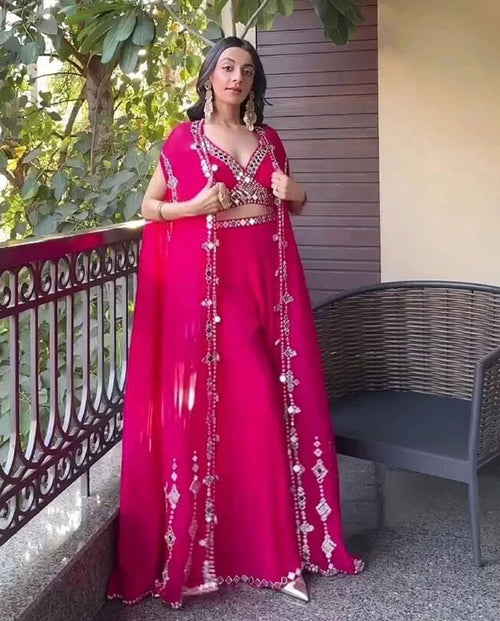 Ciro - Rani Pink Mirror Embroidered Flared Cape Ensemble