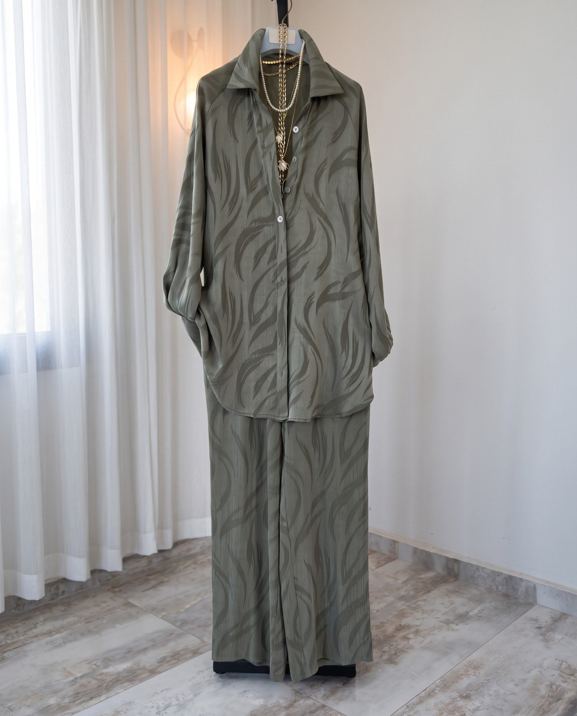 Aven - Olive Green Abstract Printed Relaxed Co-Ord Set