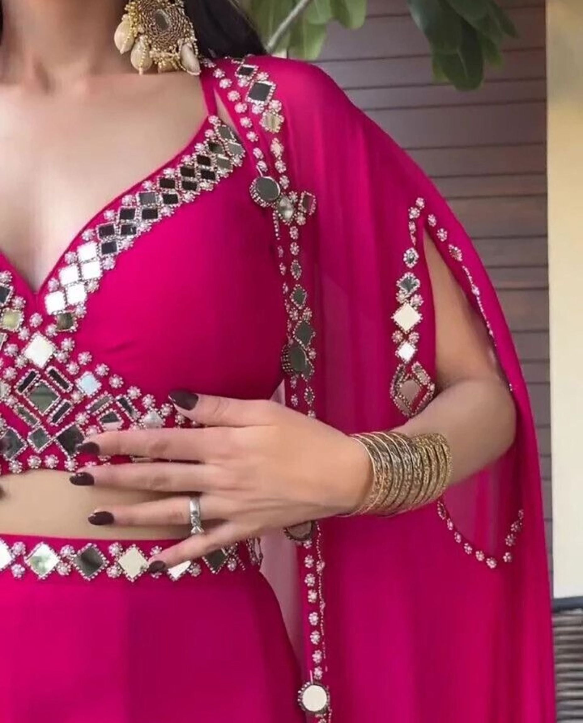 Ciro - Rani Pink Mirror Embroidered Flared Cape Ensemble