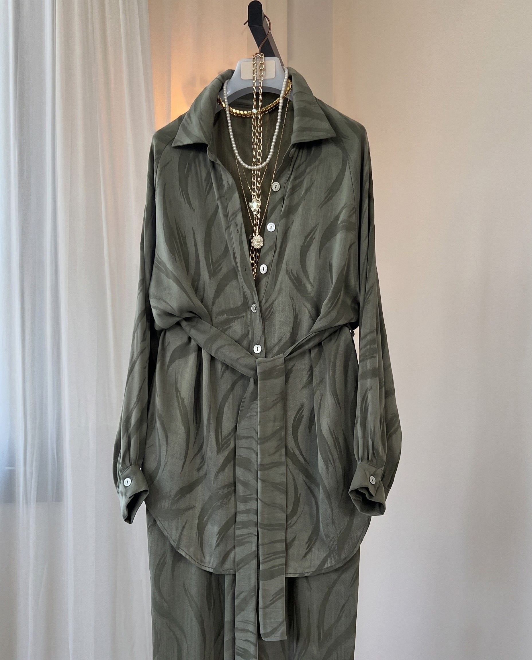Aven - Olive Green Abstract Printed Relaxed Co-Ord Set