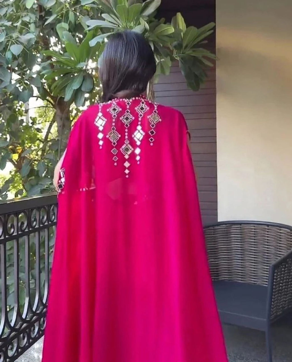 Ciro - Rani Pink Mirror Embroidered Flared Cape Ensemble