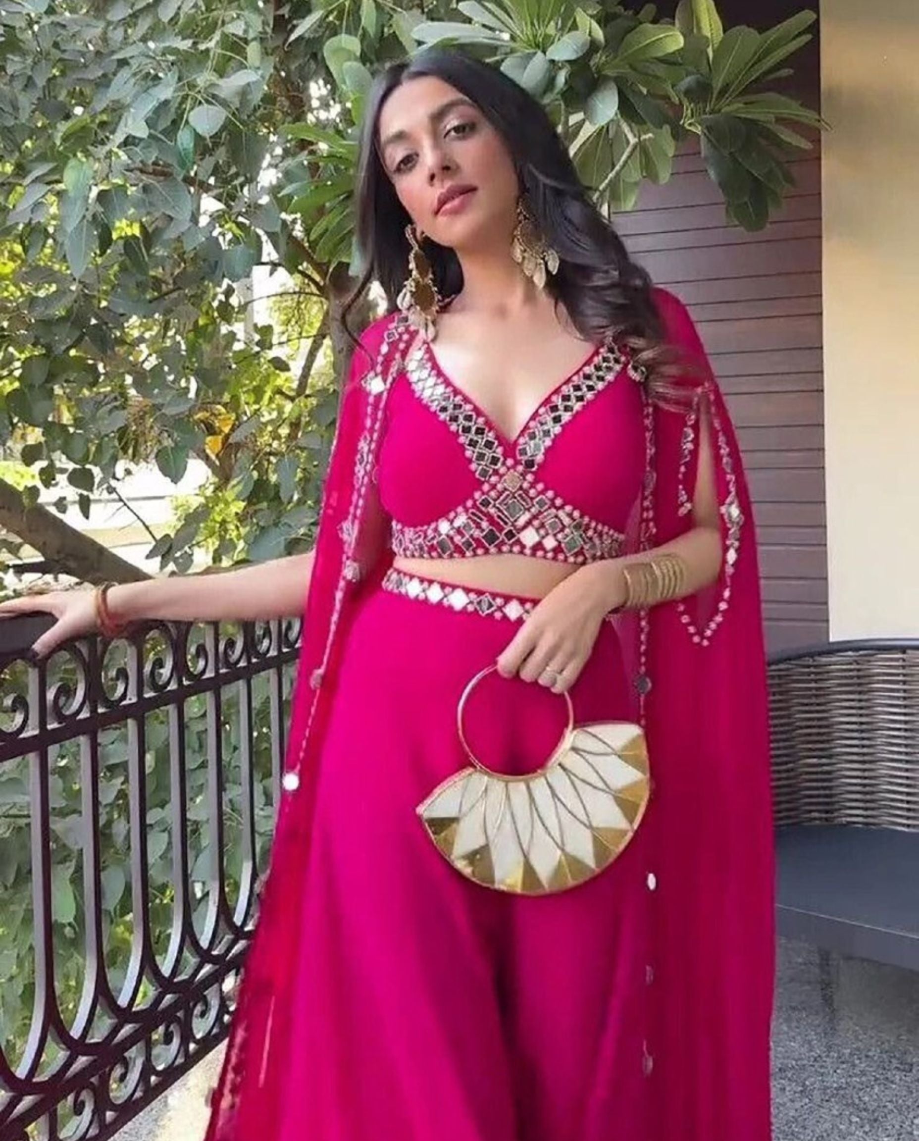 Ciro - Rani Pink Mirror Embroidered Flared Cape Ensemble