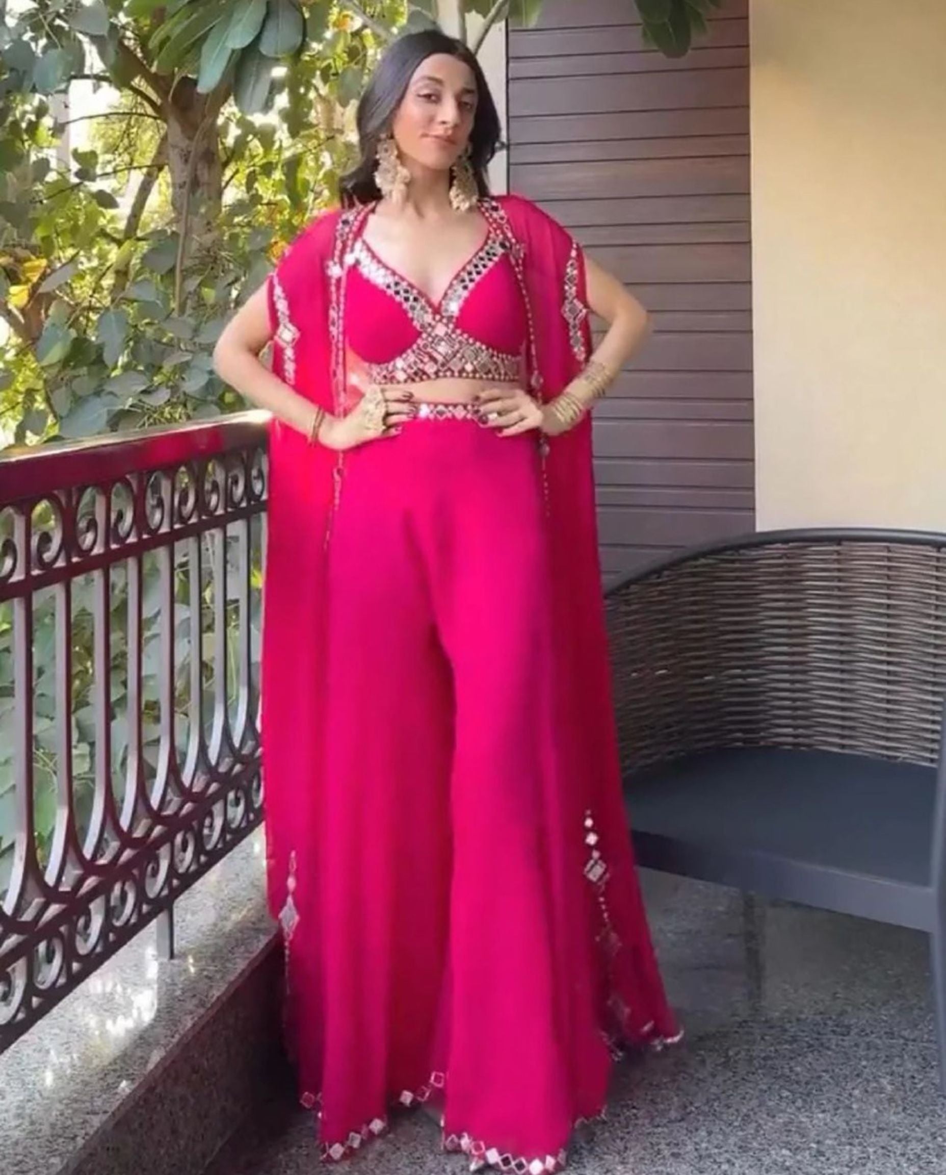 Ciro - Rani Pink Mirror Embroidered Flared Cape Ensemble