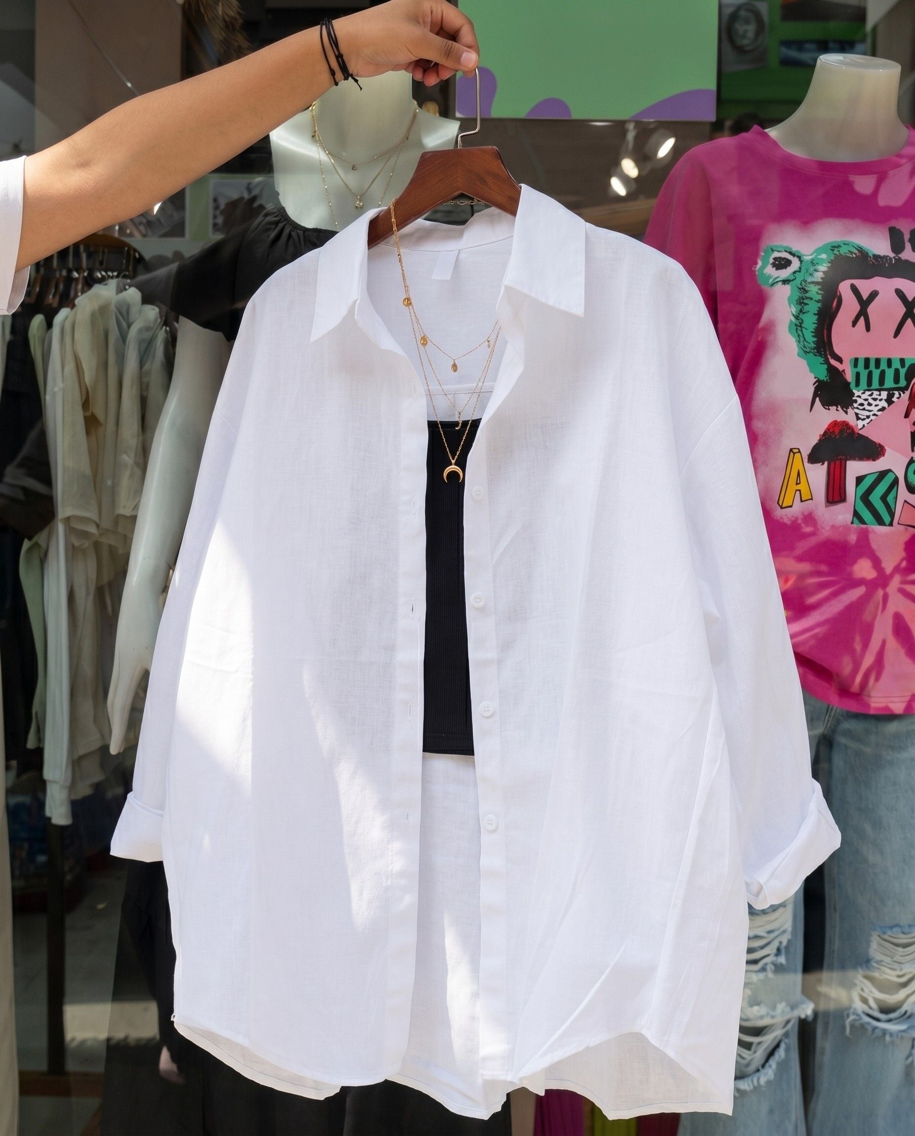 Glint - White Oversized Button Down Minimal Detail Shirt