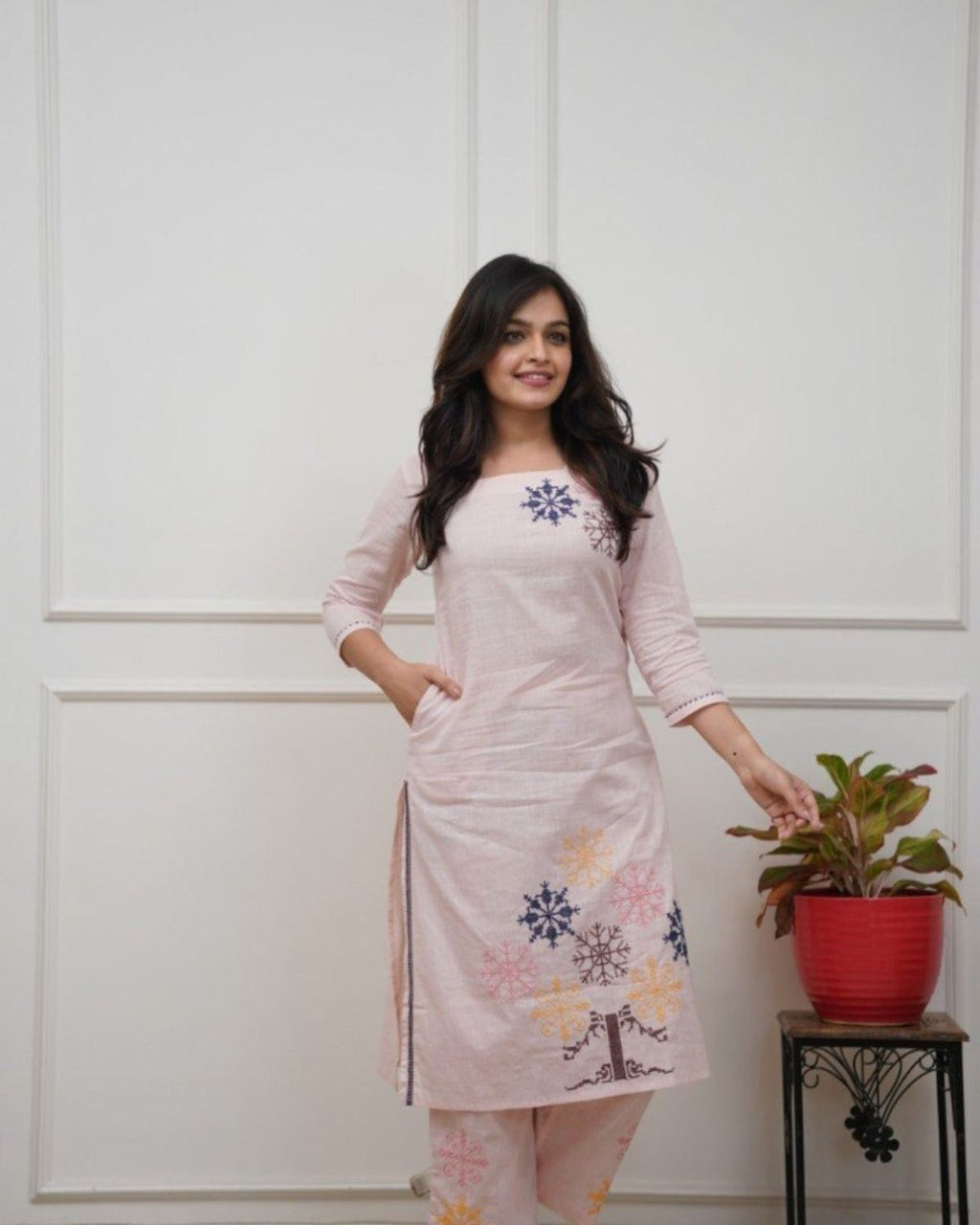 Drift - Soft Pink Floral Embroidered Straight Kurta Set