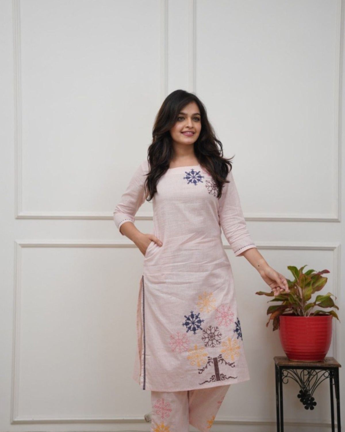 Drift - Soft Pink Floral Embroidered Straight Kurta Set