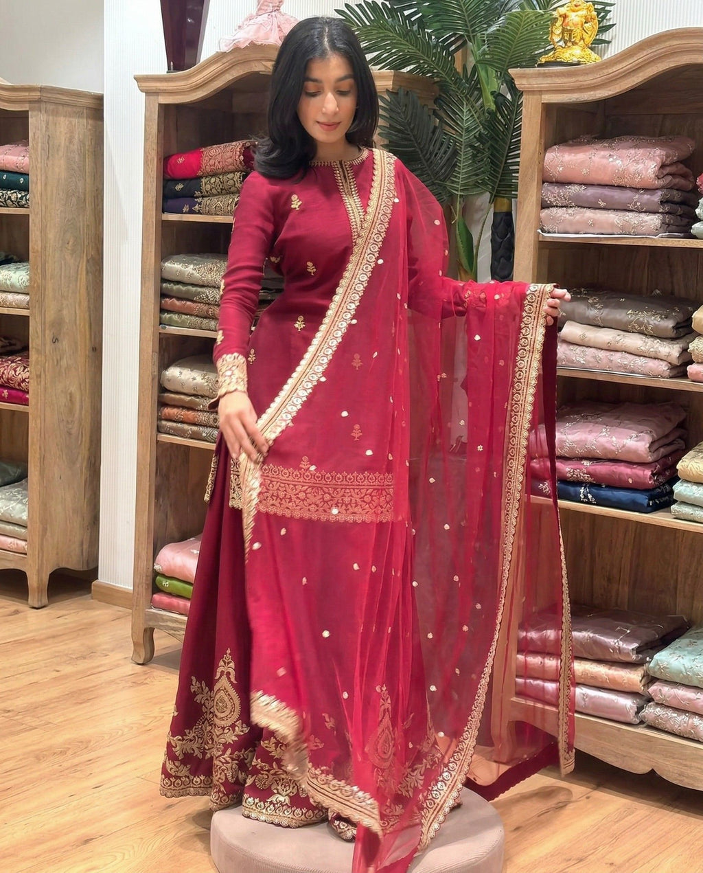 Elix - Veloura Wine Embroidered Festive Sharara Set