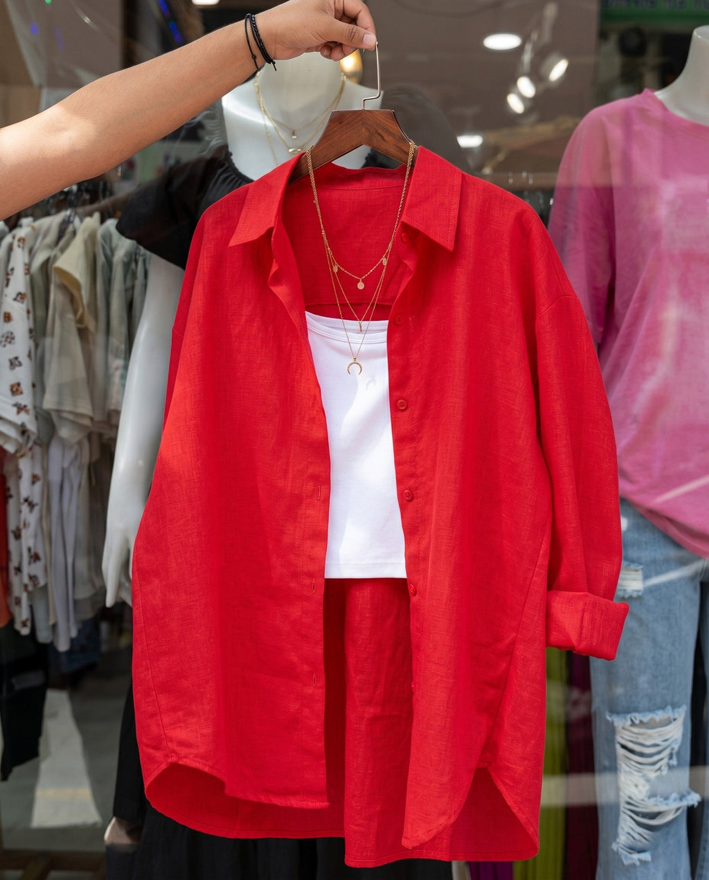 Glint - Red Oversized Button Down Minimal Detail Shirt