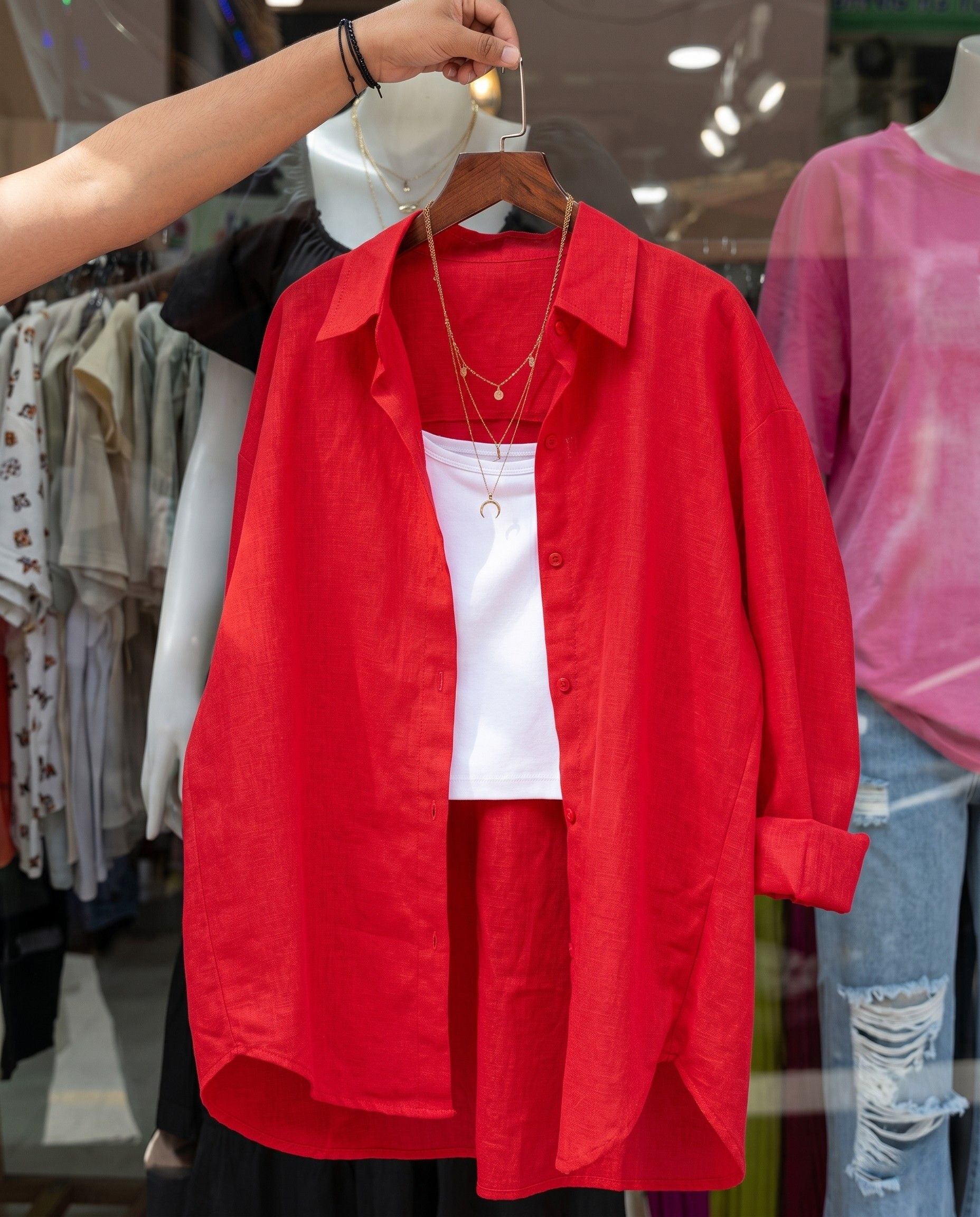 Glint - Red Oversized Button Down Minimal Detail Shirt