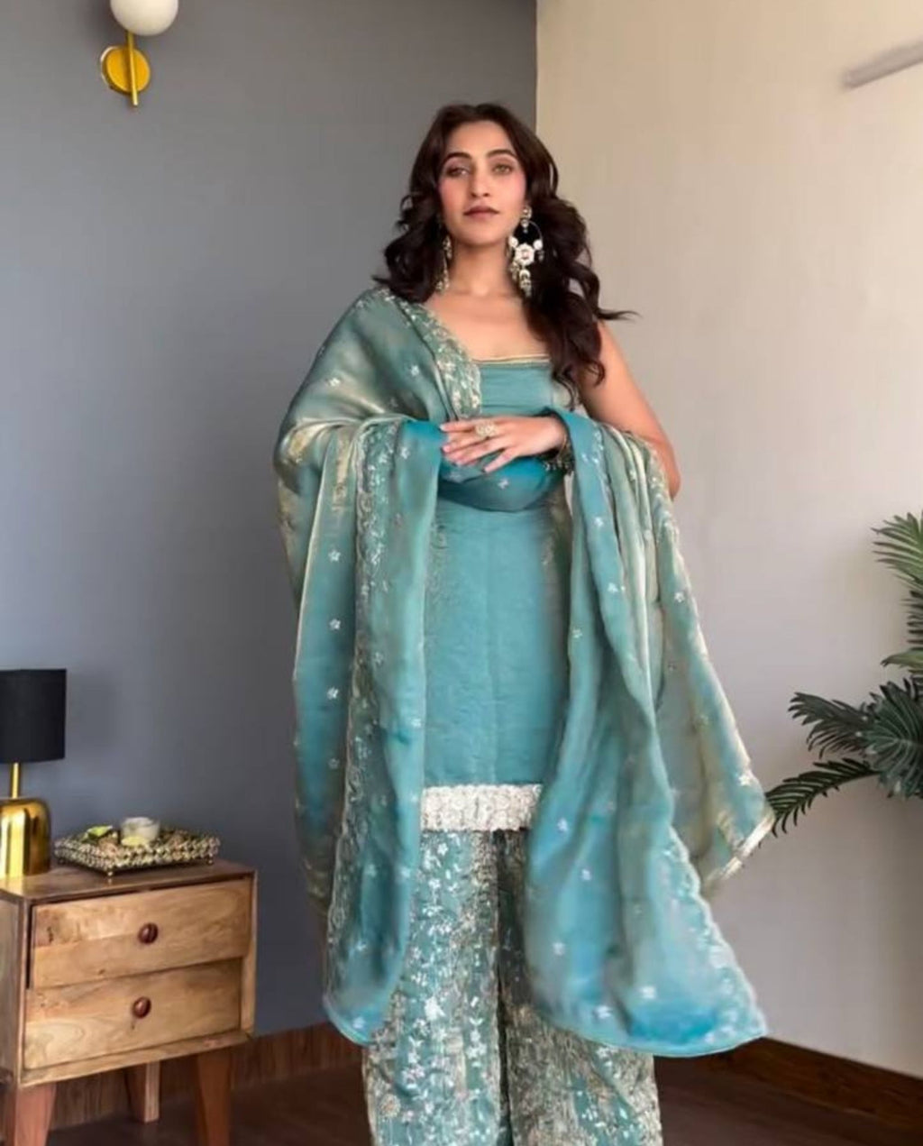 Xeno – Teal Embroidered Fendy Silk Palazzo Festive Set