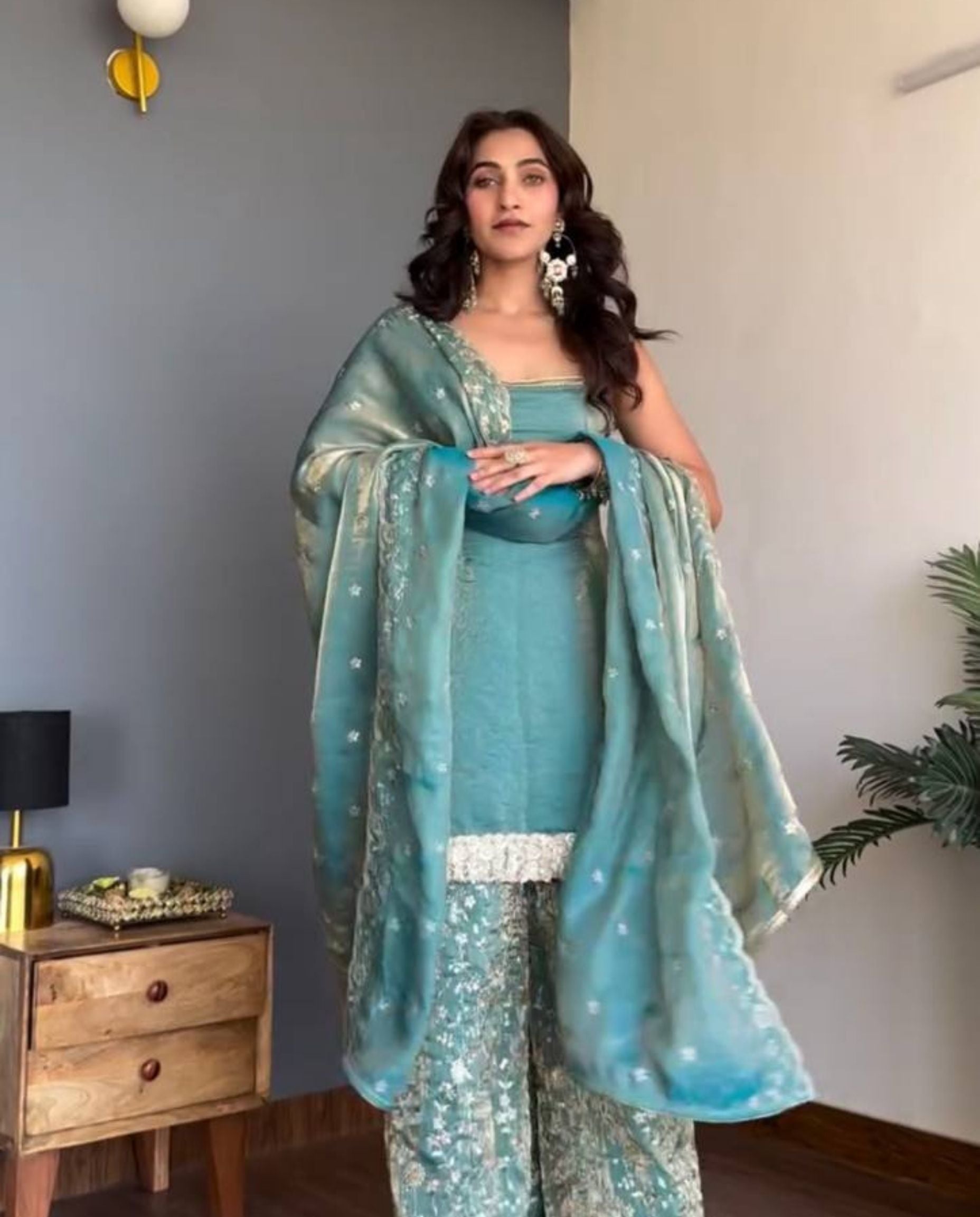 Xeno – Teal Embroidered Fendy Silk Palazzo Festive Set