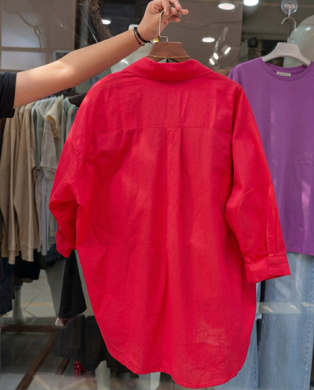 Glint - Red Oversized Button Down Minimal Detail Shirt