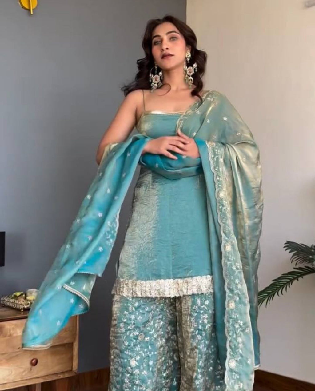 Xeno – Teal Embroidered Fendy Silk Palazzo Festive Set