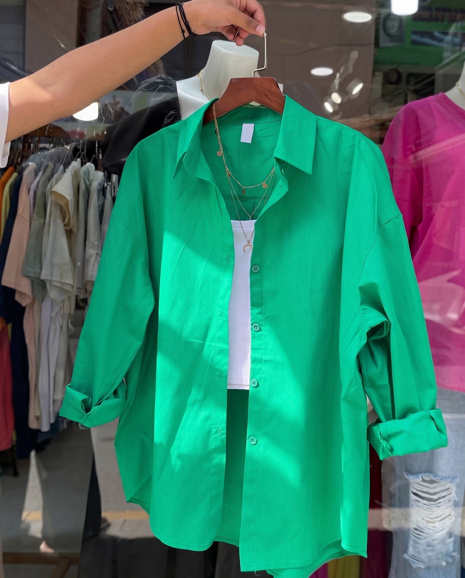 Glint - Green Oversized Button Down Minimal Detail Shirt