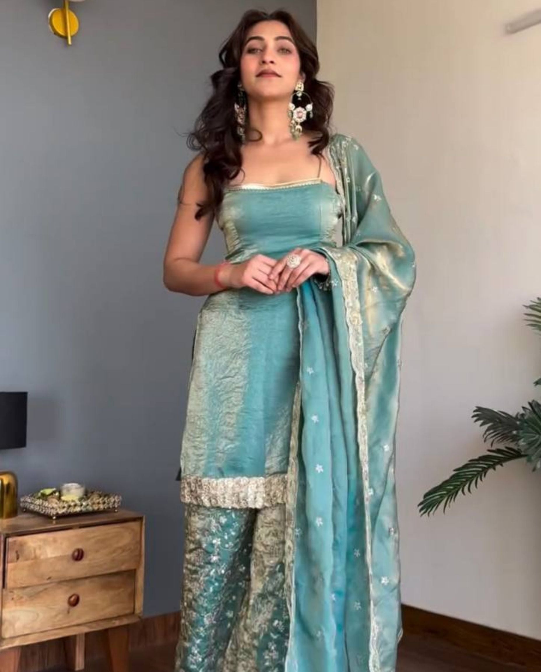 Xeno – Teal Embroidered Fendy Silk Palazzo Festive Set