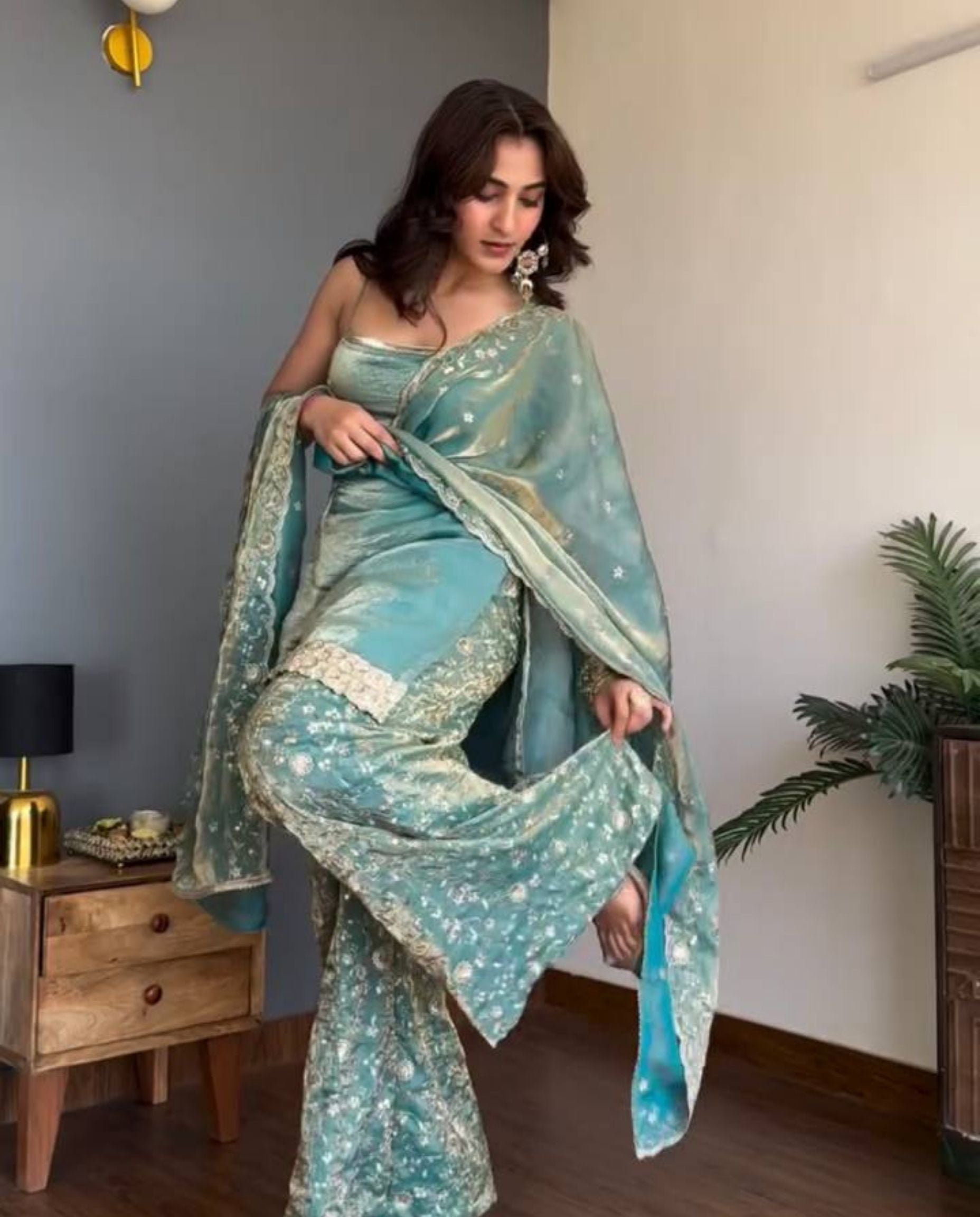 Xeno – Teal Embroidered Fendy Silk Palazzo Festive Set