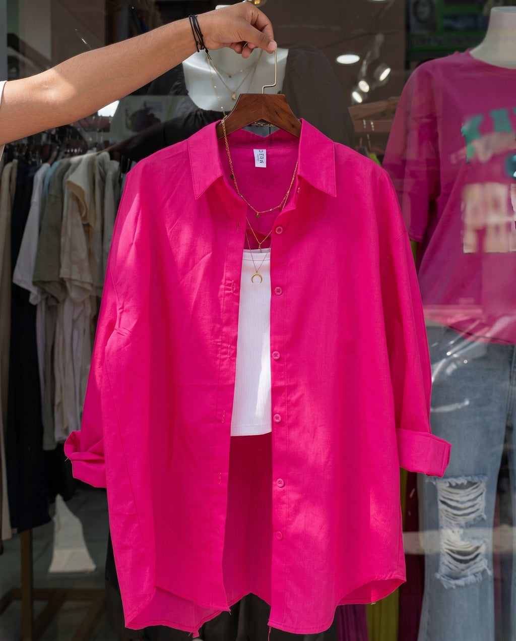 Glint - Hot Pink Oversized Button Down Minimal Detail Shirt
