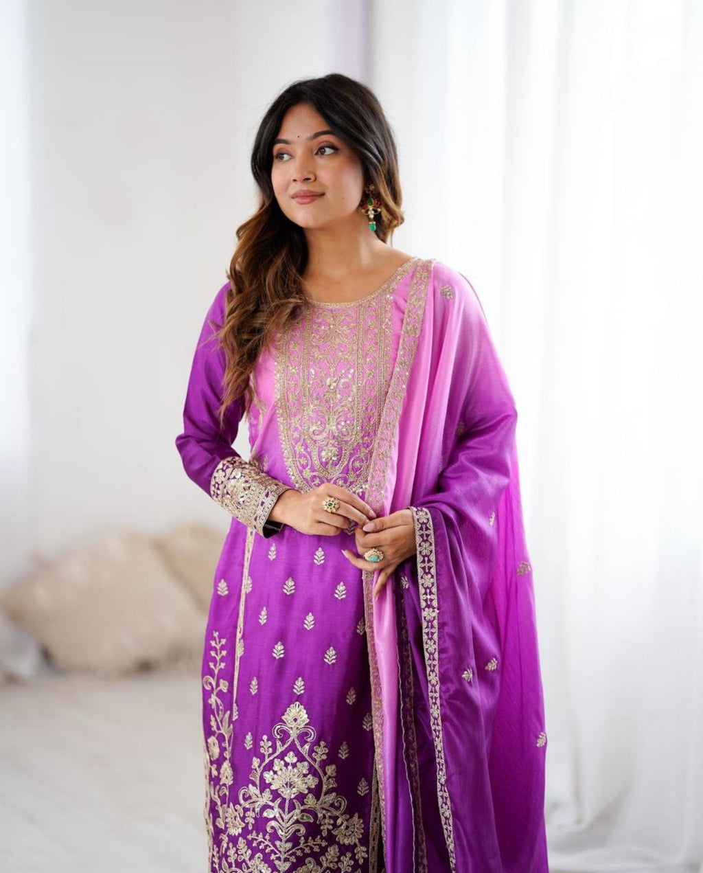 Wren – Ombre Pink Purple Embroidered Chinon Silk Festive Set