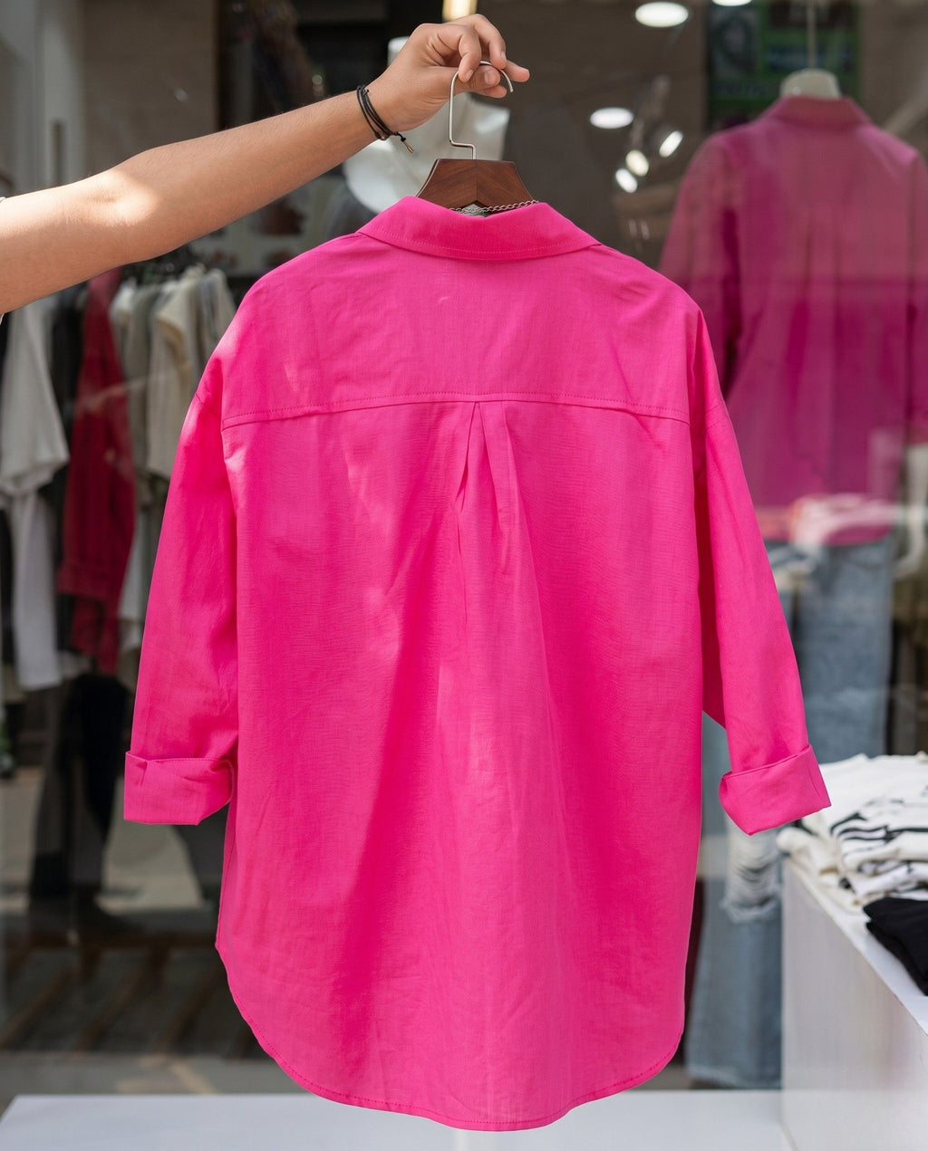 Glint - Hot Pink Oversized Button Down Minimal Detail Shirt