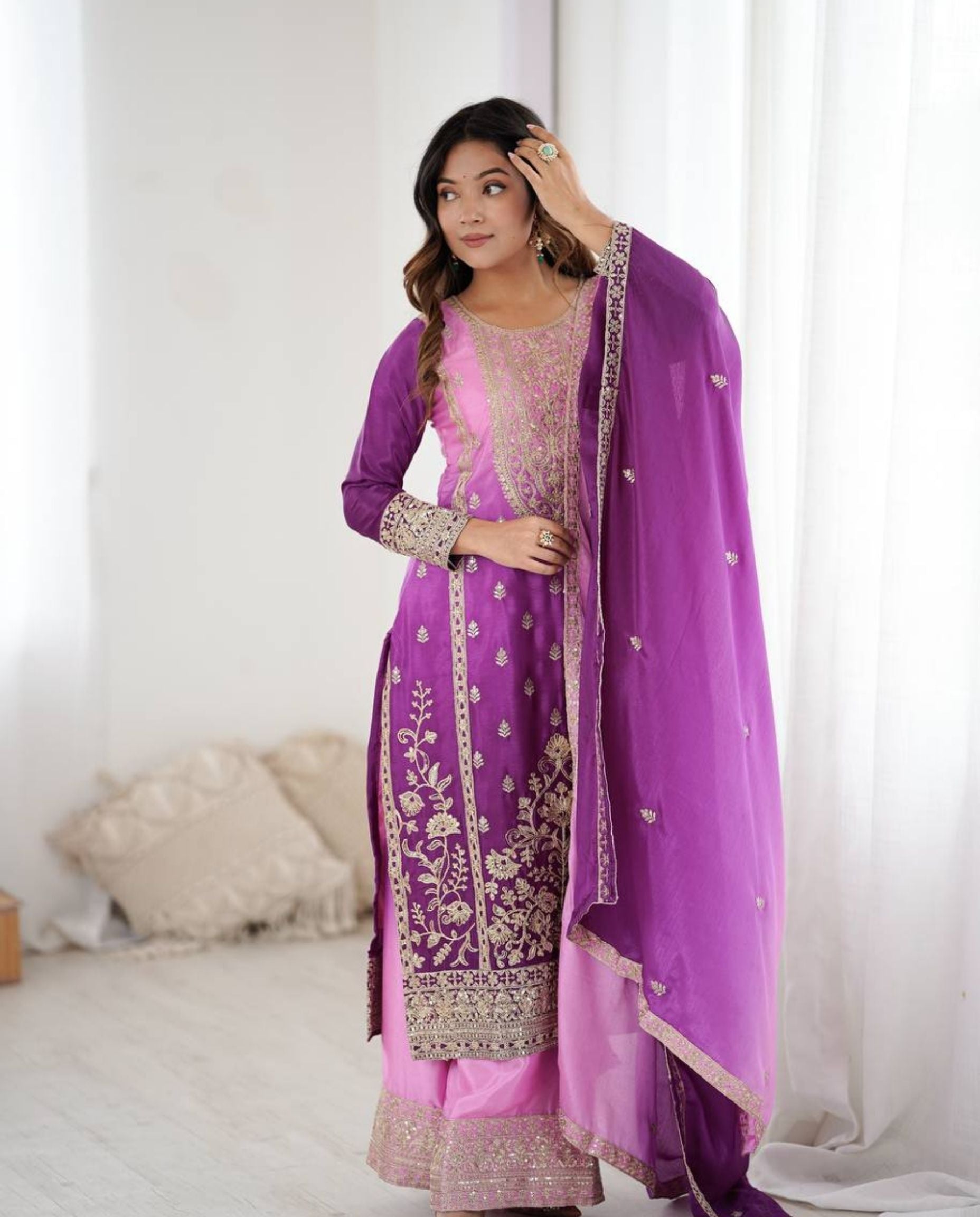 Wren – Ombre Pink Purple Embroidered Chinon Silk Festive Set