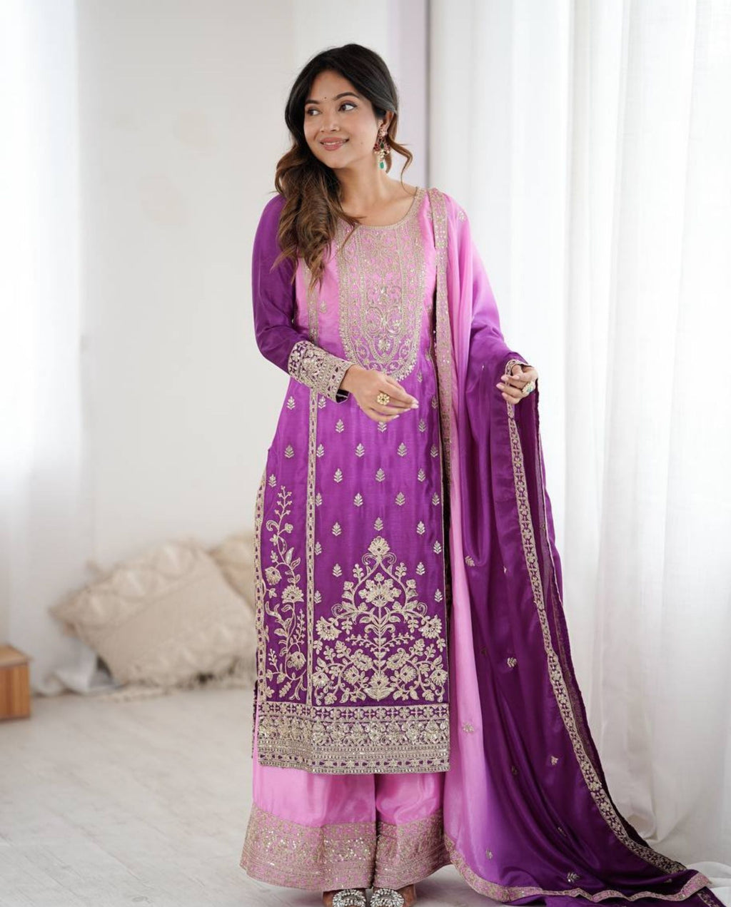 Wren – Ombre Pink Purple Embroidered Chinon Silk Festive Set