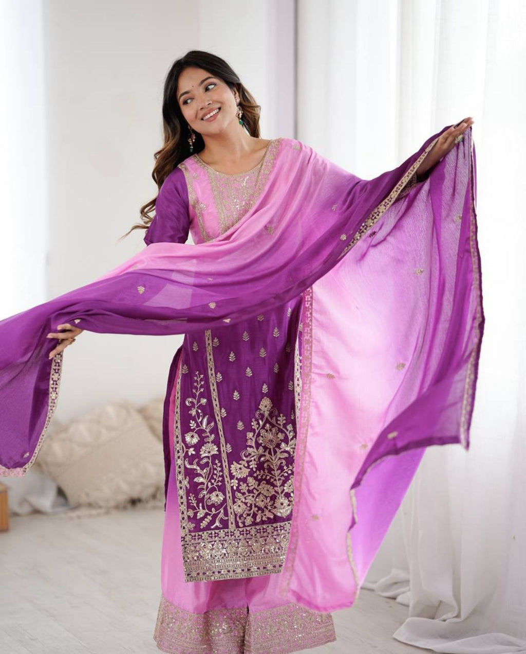 Wren – Ombre Pink Purple Embroidered Chinon Silk Festive Set