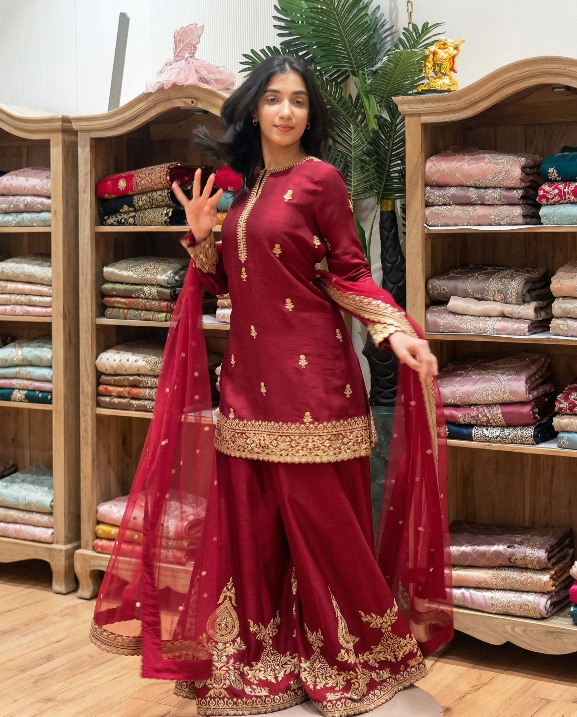 Elix - Veloura Wine Embroidered Festive Sharara Set