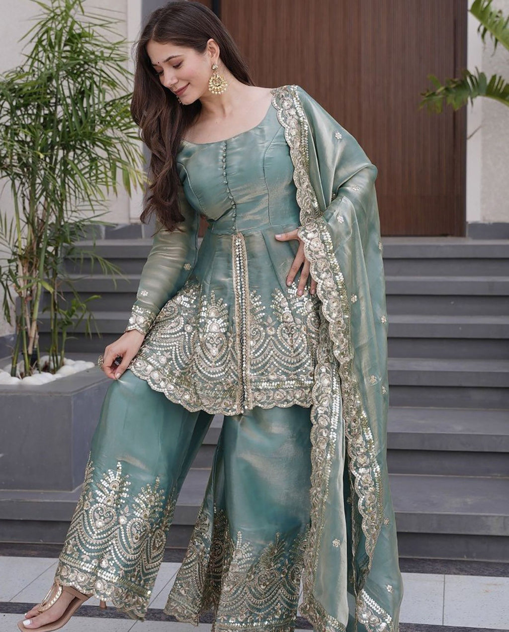 Aera - Sage Luxe Embroidered Sharara Set With Dupatta