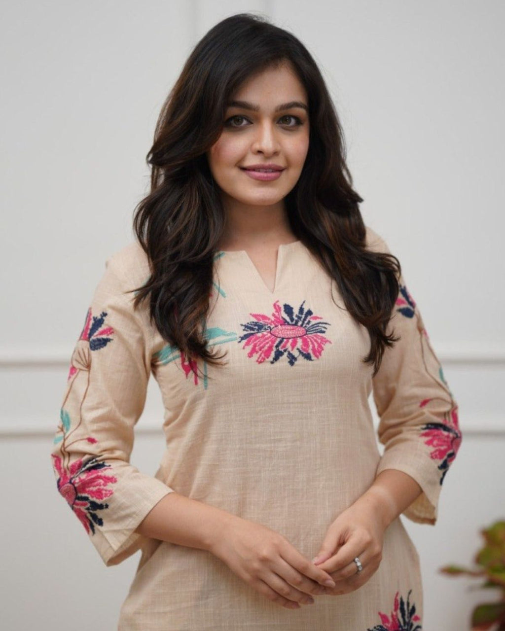 Cove - Beige Floral Embroidered Straight Kurta Set