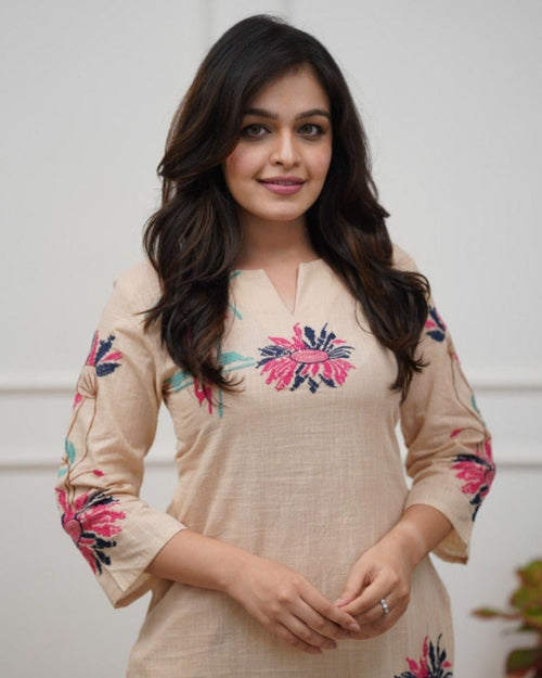 Cove - Beige Floral Embroidered Straight Kurta Set