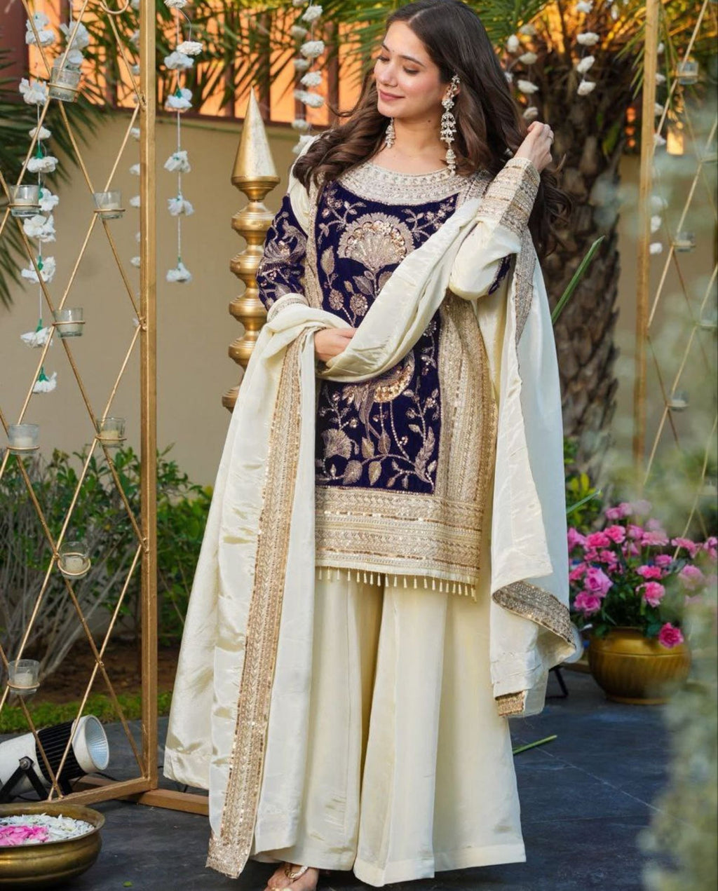 Ira - Midnight Velvet Bloom Embroidered Festive Kurta Set