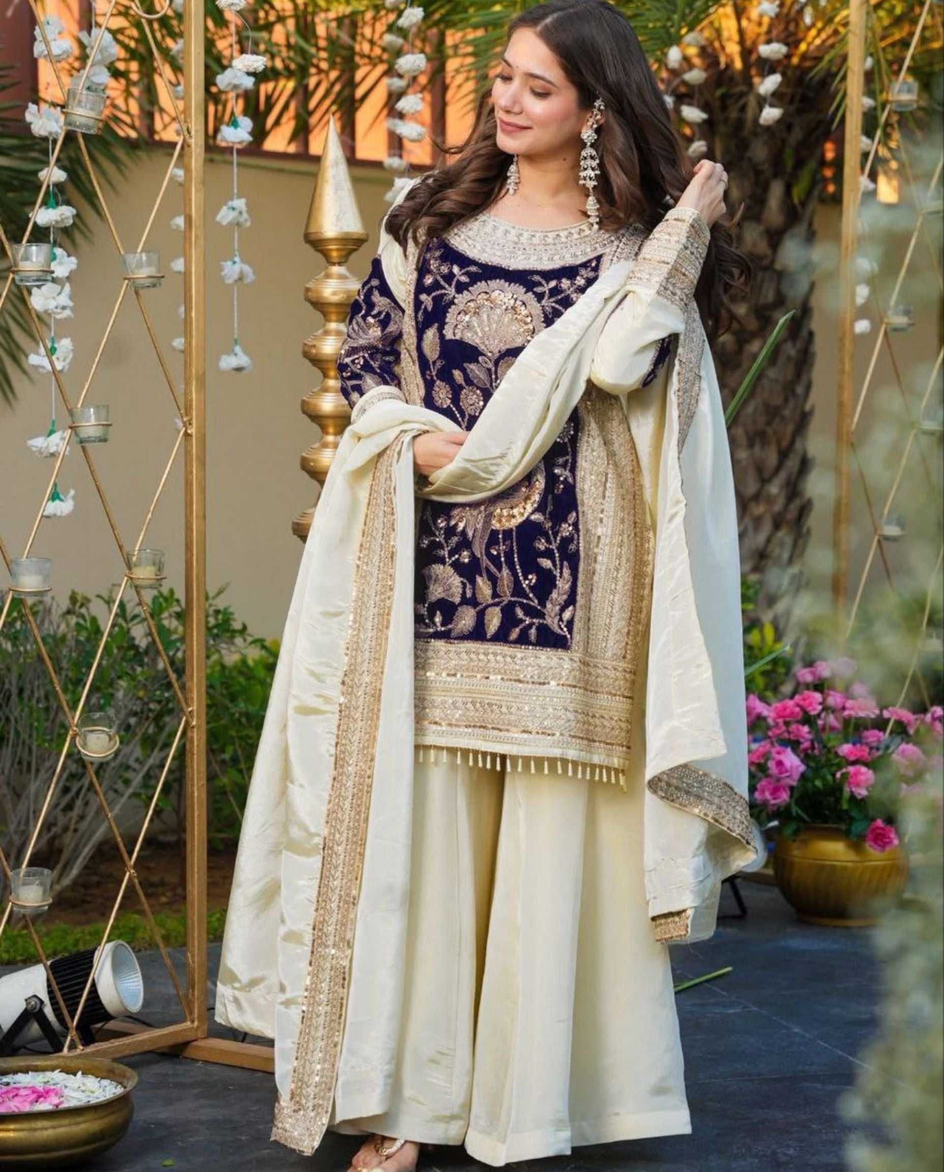 Ira - Midnight Velvet Bloom Embroidered Festive Kurta Set