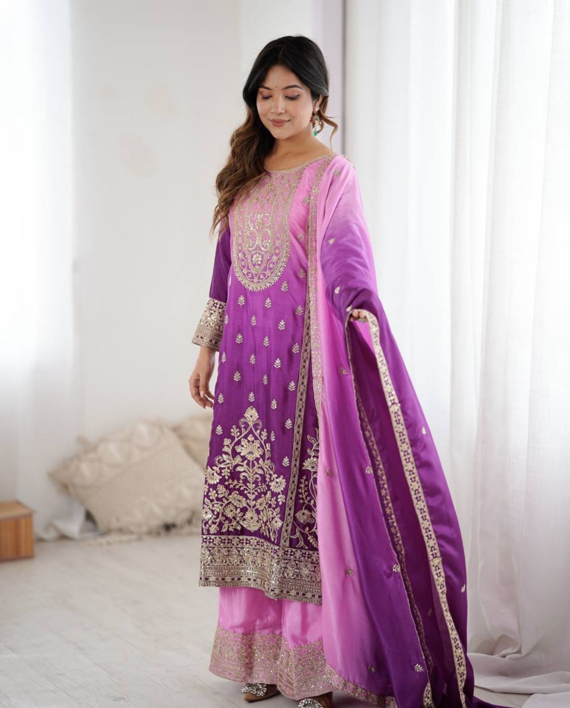 Wren – Ombre Pink Purple Embroidered Chinon Silk Festive Set