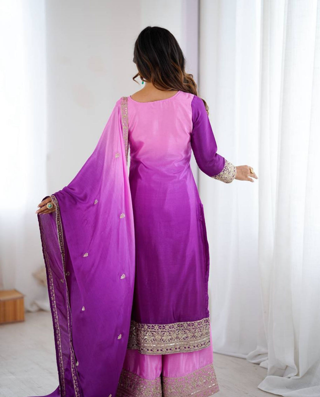 Wren – Ombre Pink Purple Embroidered Chinon Silk Festive Set