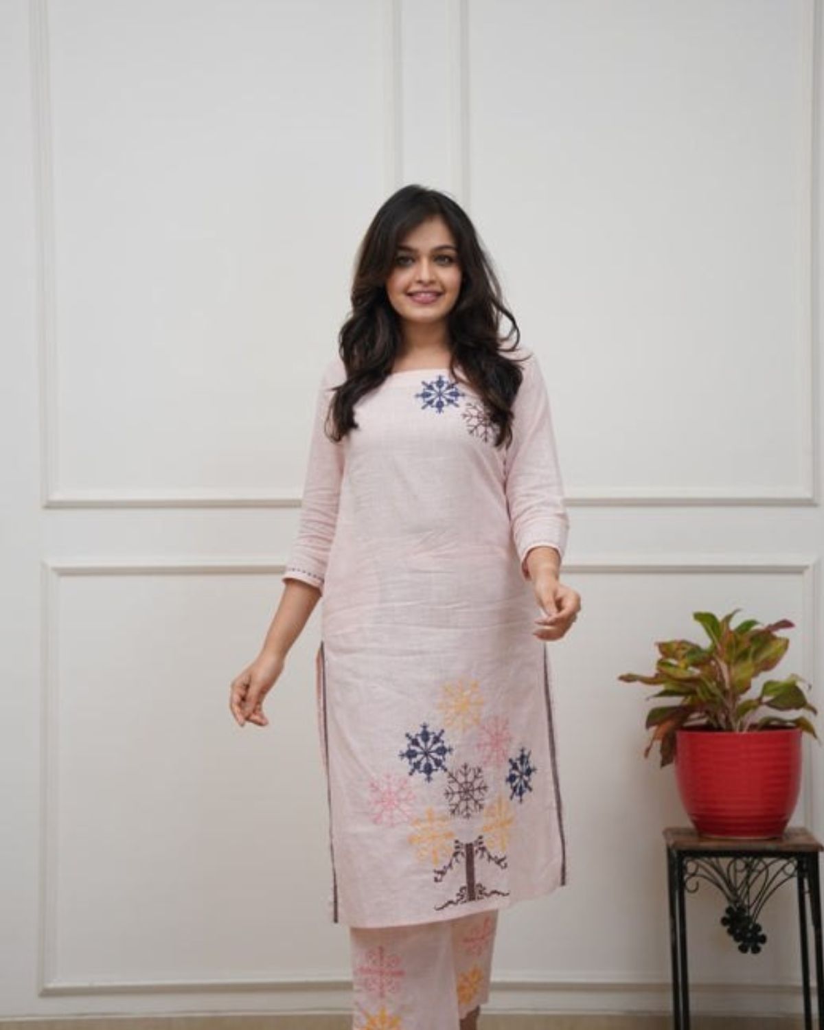 Drift - Soft Pink Floral Embroidered Straight Kurta Set