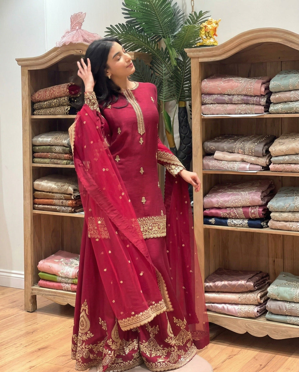 Elix - Veloura Wine Embroidered Festive Sharara Set