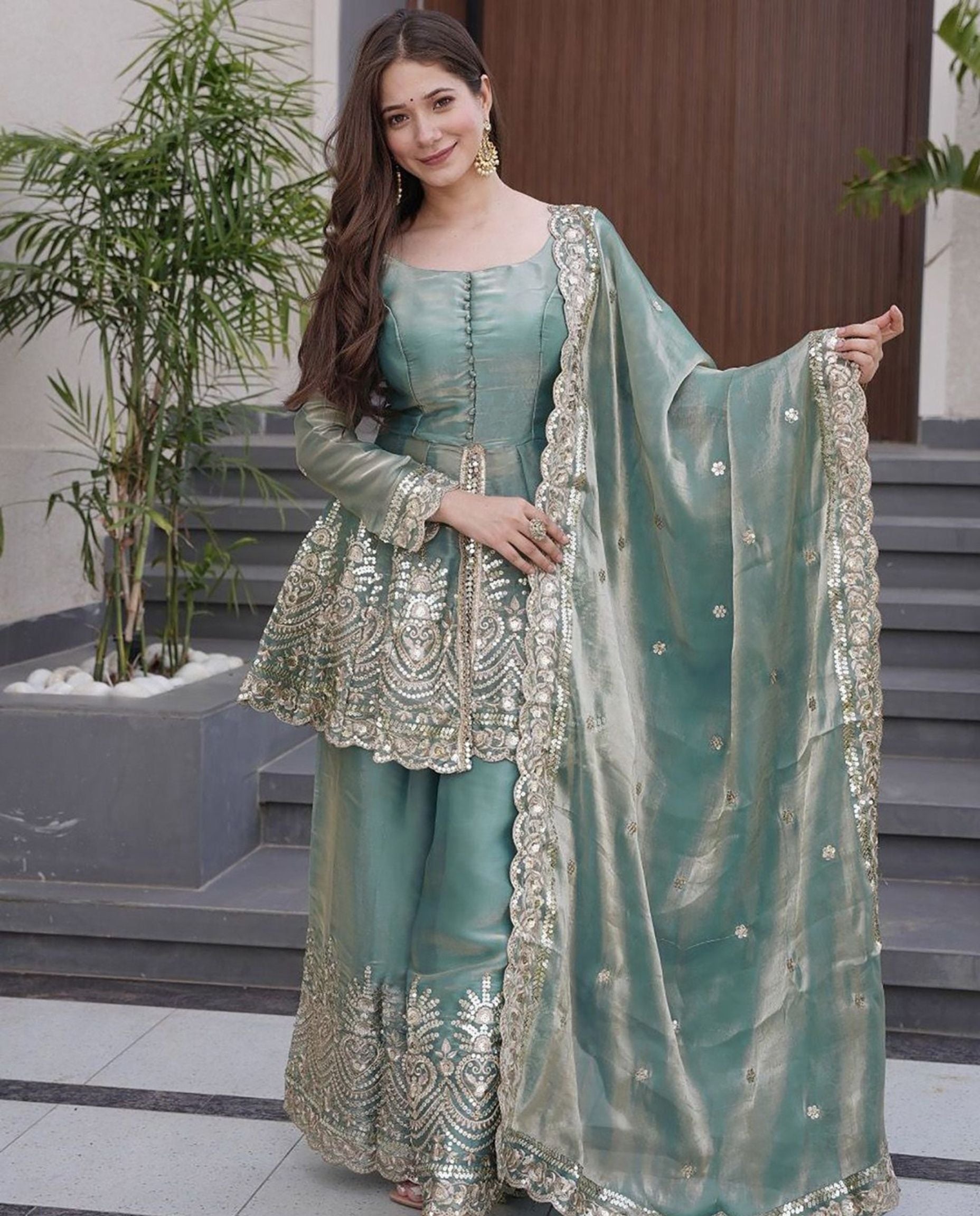 Aera - Sage Luxe Embroidered Sharara Set With Dupatta