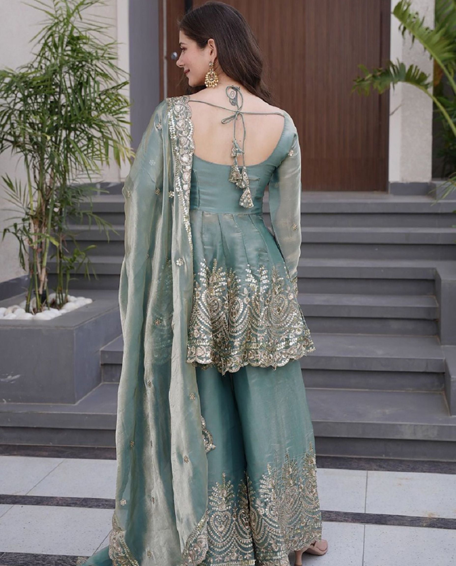 Aera - Sage Luxe Embroidered Sharara Set With Dupatta