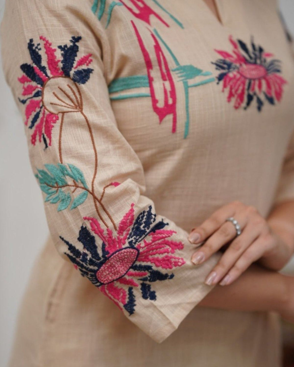 Cove - Beige Floral Embroidered Straight Kurta Set