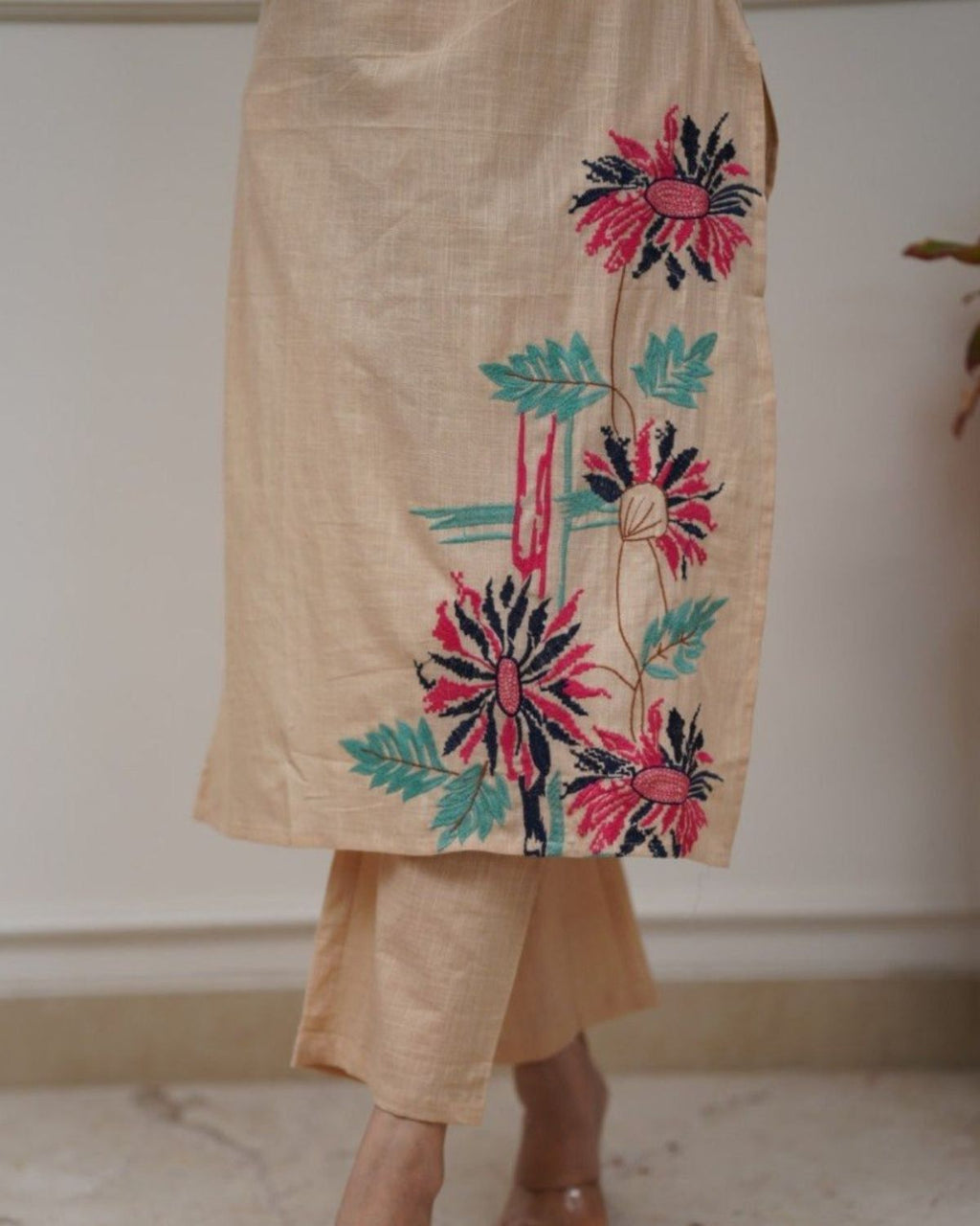 Cove - Beige Floral Embroidered Straight Kurta Set