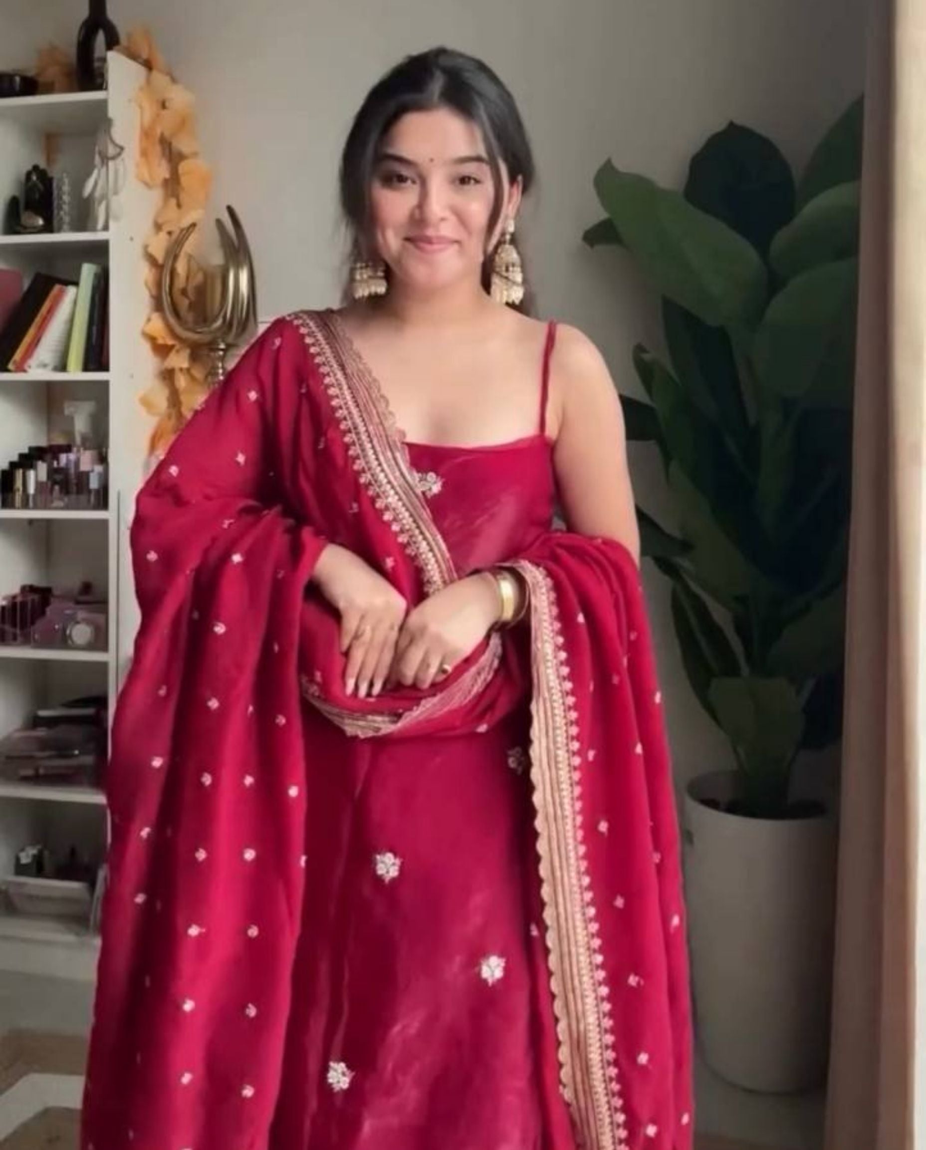 Miro – Deep Ruby Red Sequins Elegant Palazzo Suit Set