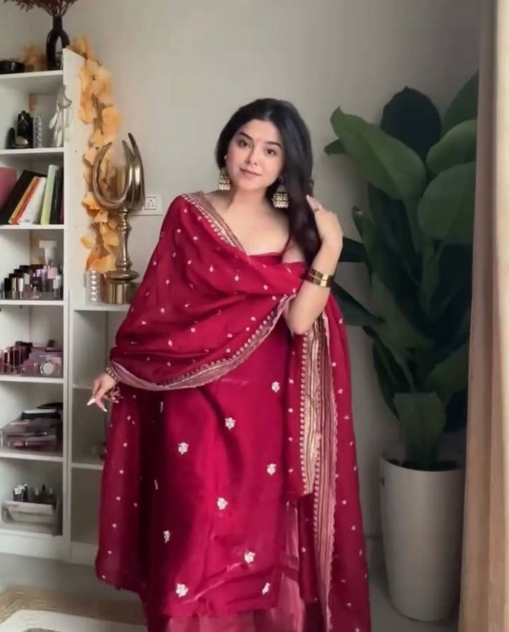 Miro – Deep Ruby Red Sequins Elegant Palazzo Suit Set