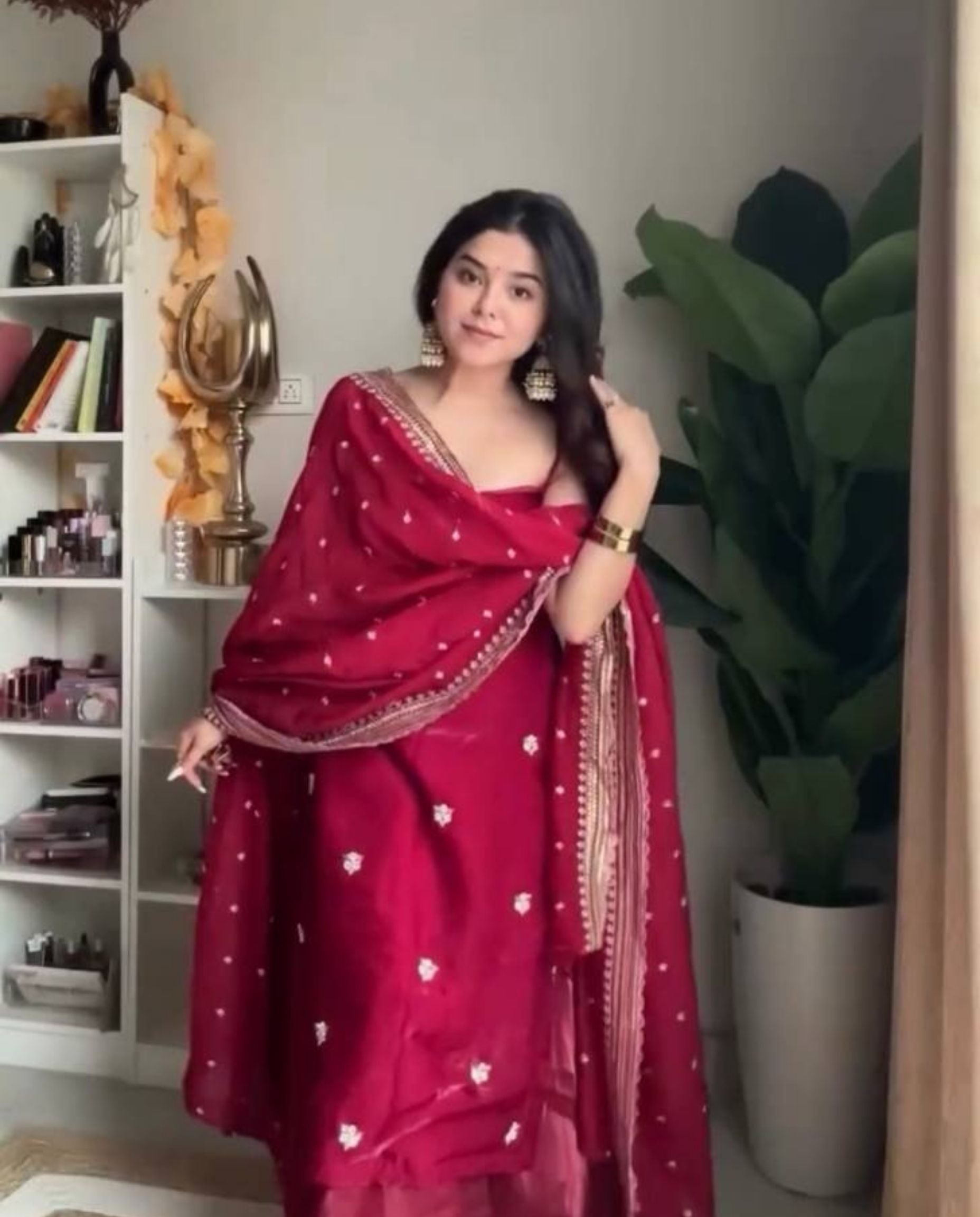 Miro – Deep Ruby Red Sequins Elegant Palazzo Suit Set