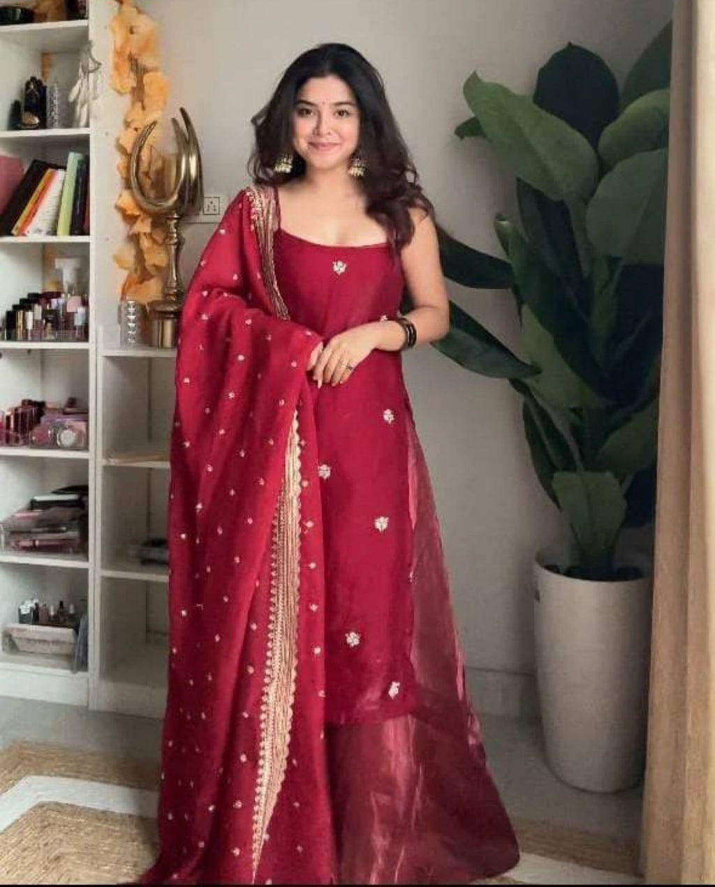 Miro – Deep Ruby Red Sequins Elegant Palazzo Suit Set