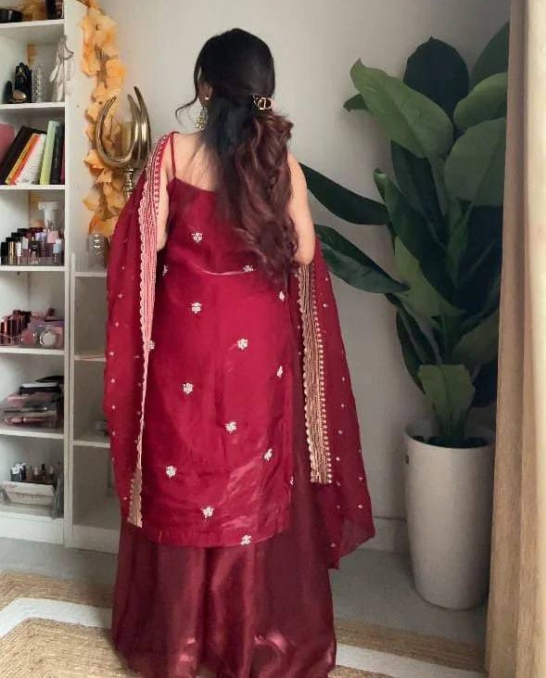 Miro – Deep Ruby Red Sequins Elegant Palazzo Suit Set
