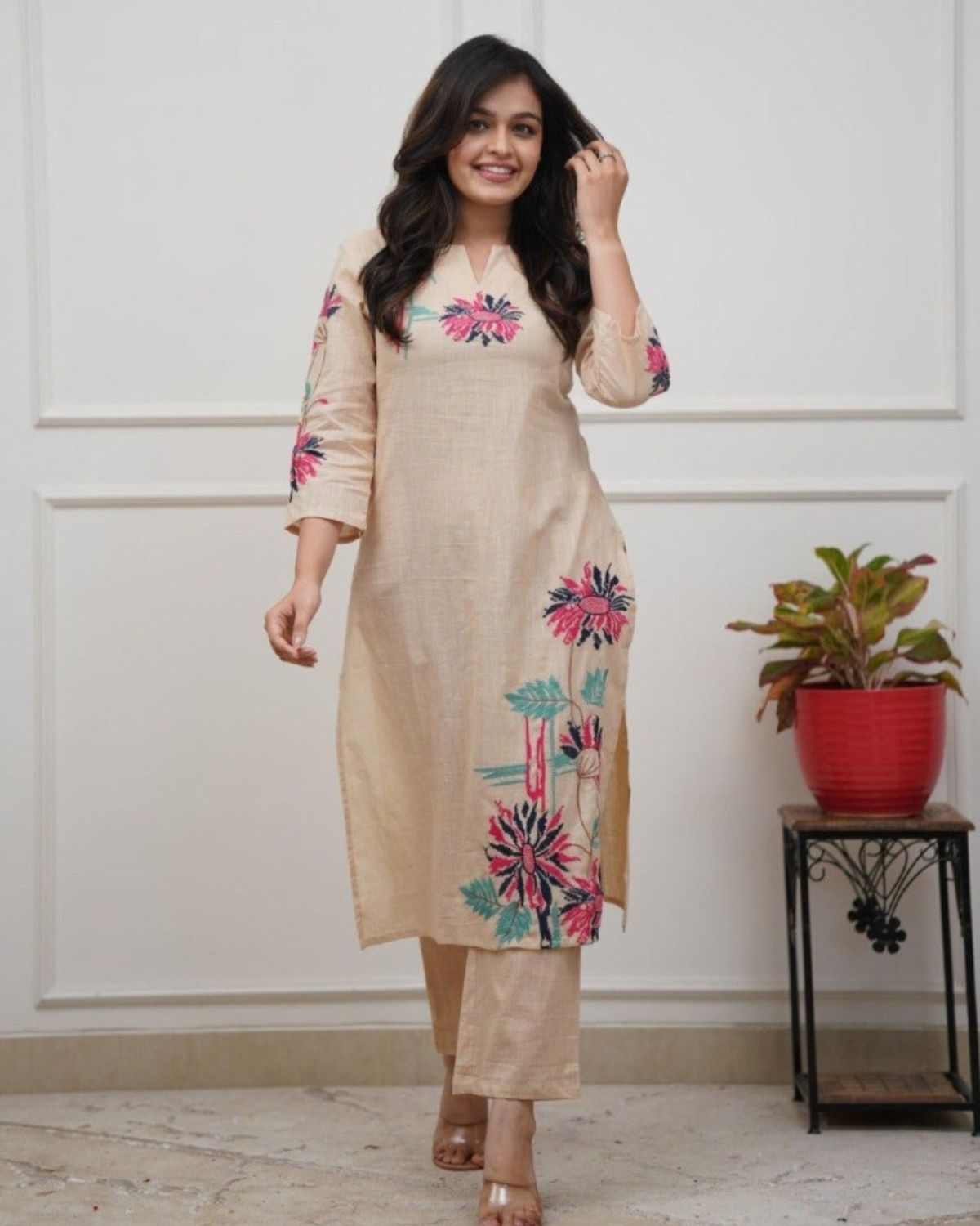 Cove - Beige Floral Embroidered Straight Kurta Set