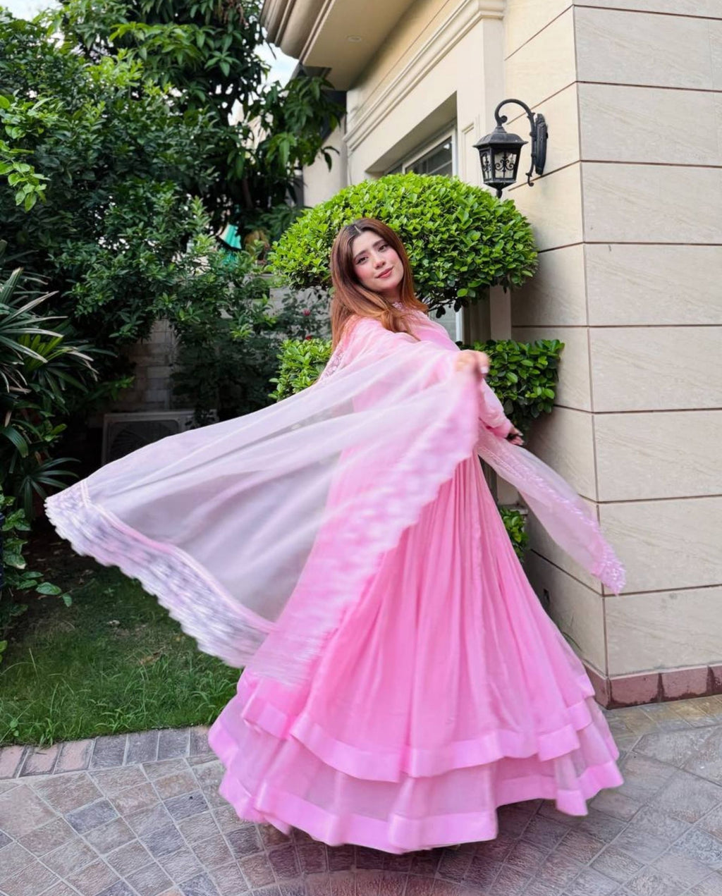 Juno – Soft Baby Pink Flowing Layered Anarkali Set