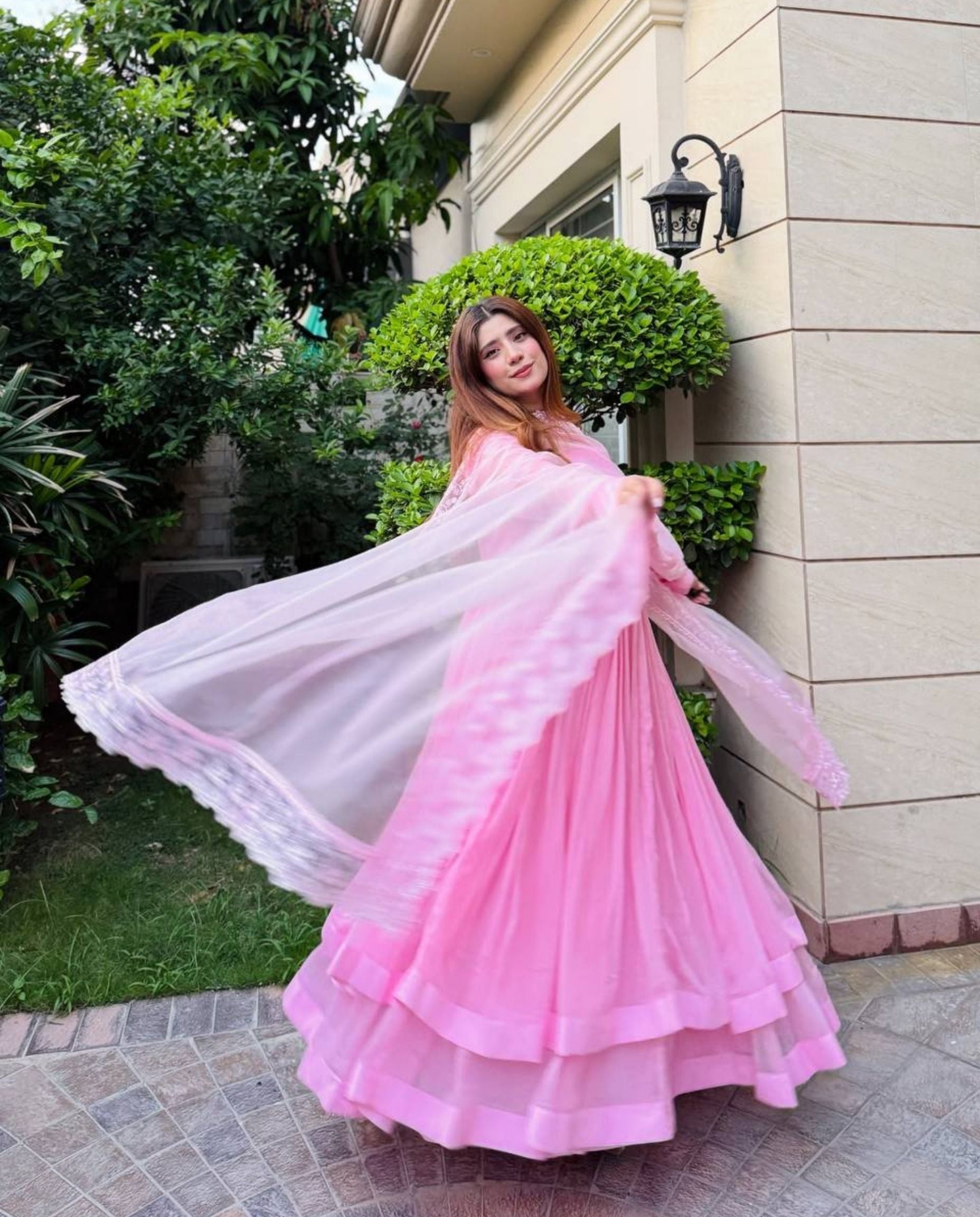 Juno – Soft Baby Pink Flowing Layered Anarkali Set
