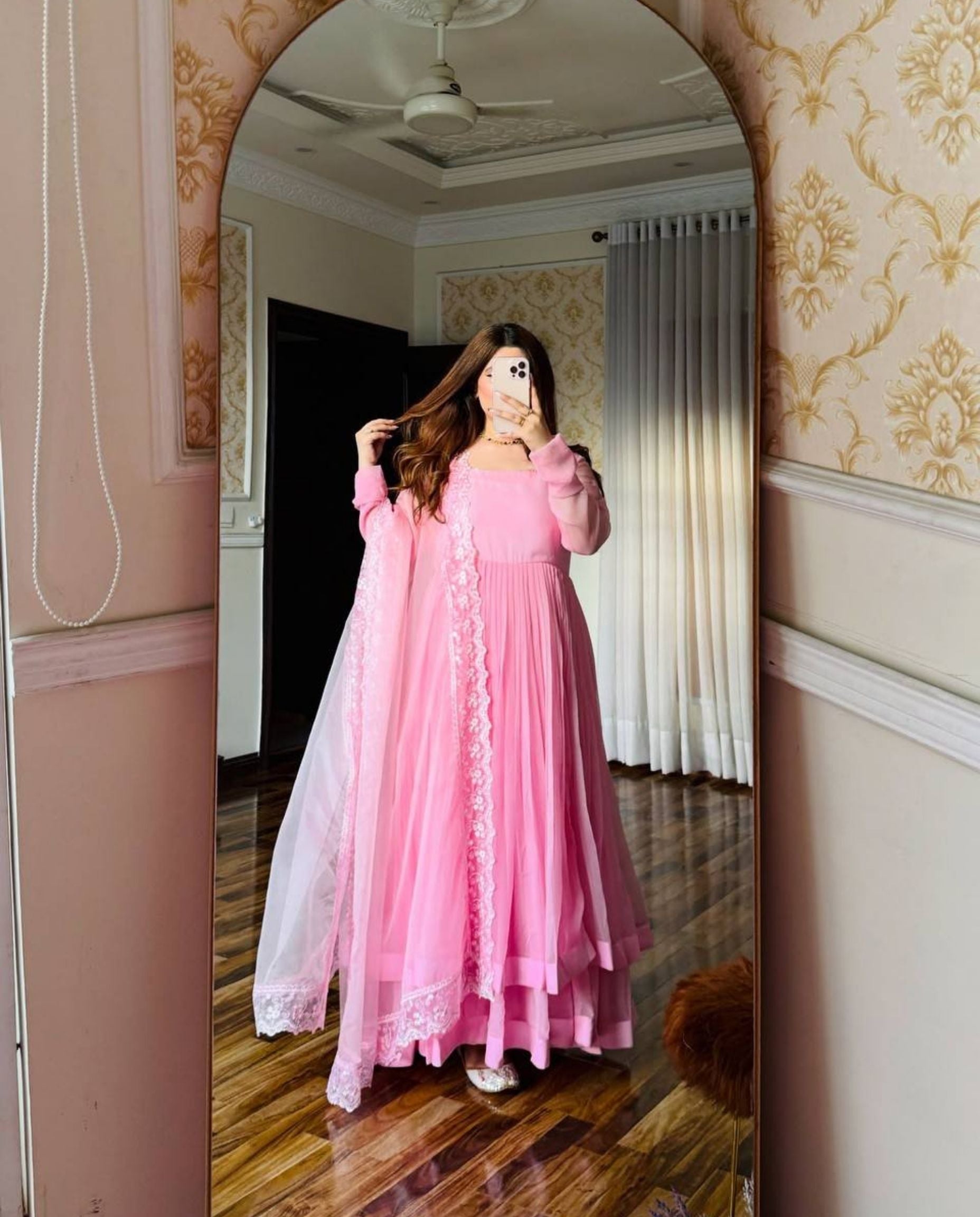 Juno – Soft Baby Pink Flowing Layered Anarkali Set