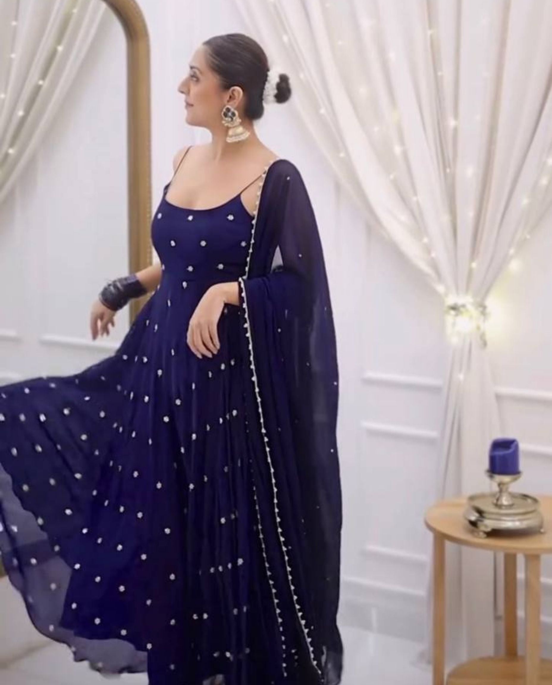 Haza – Midnight Blue Sequins Flowing Anarkali Suit Set